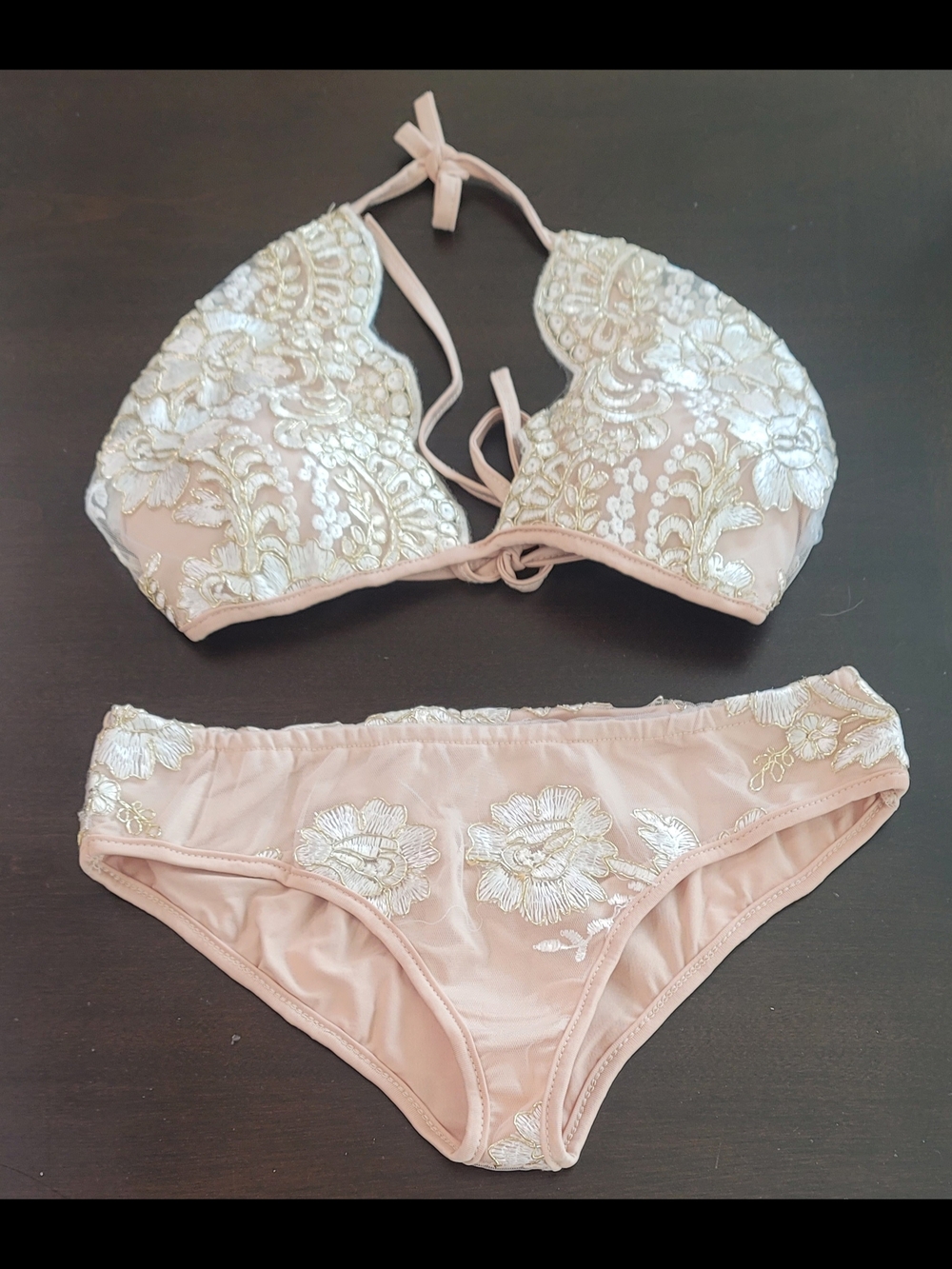Source Unknown Tan & Cream Bikini Set with Lacy Floral Embroidery